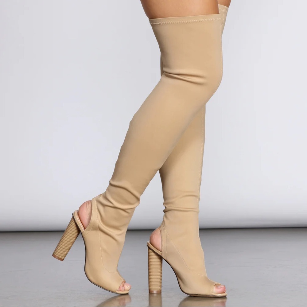Chic Tan Over-the-Knee Peep Toe Boots